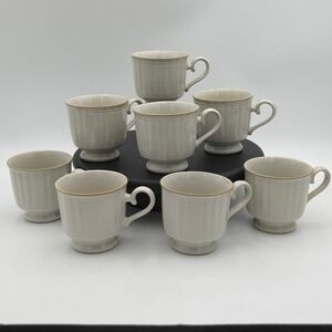 Home Beautiful Robyn Stoneware Coffee Cups Set of 8 Japan Off White Tan Rim